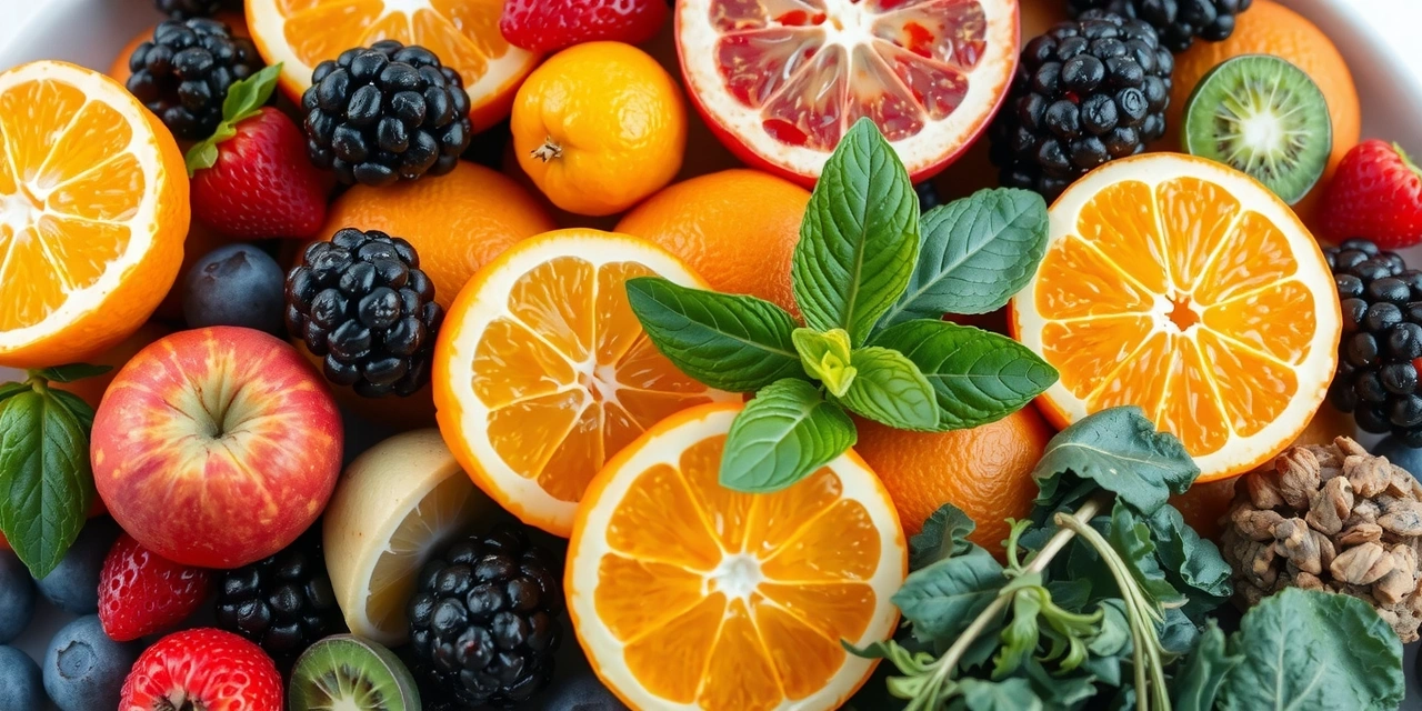 Vibrant natural ingredients like fruits, vegetables, and herbs arranged aesthetically, symbolizing health and vitality.